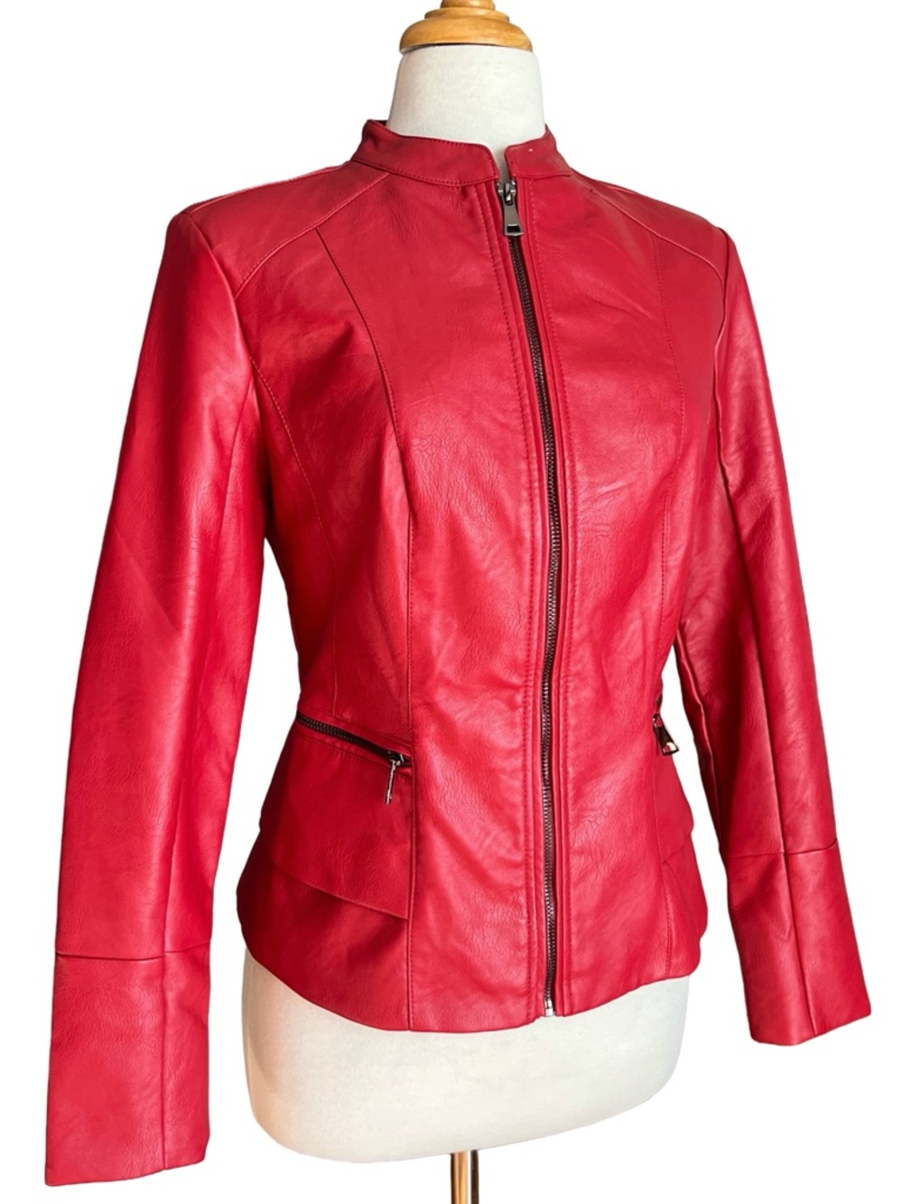Suzy Shier Red Faux Leather Moto Jacket S Fitted Zip Vegan